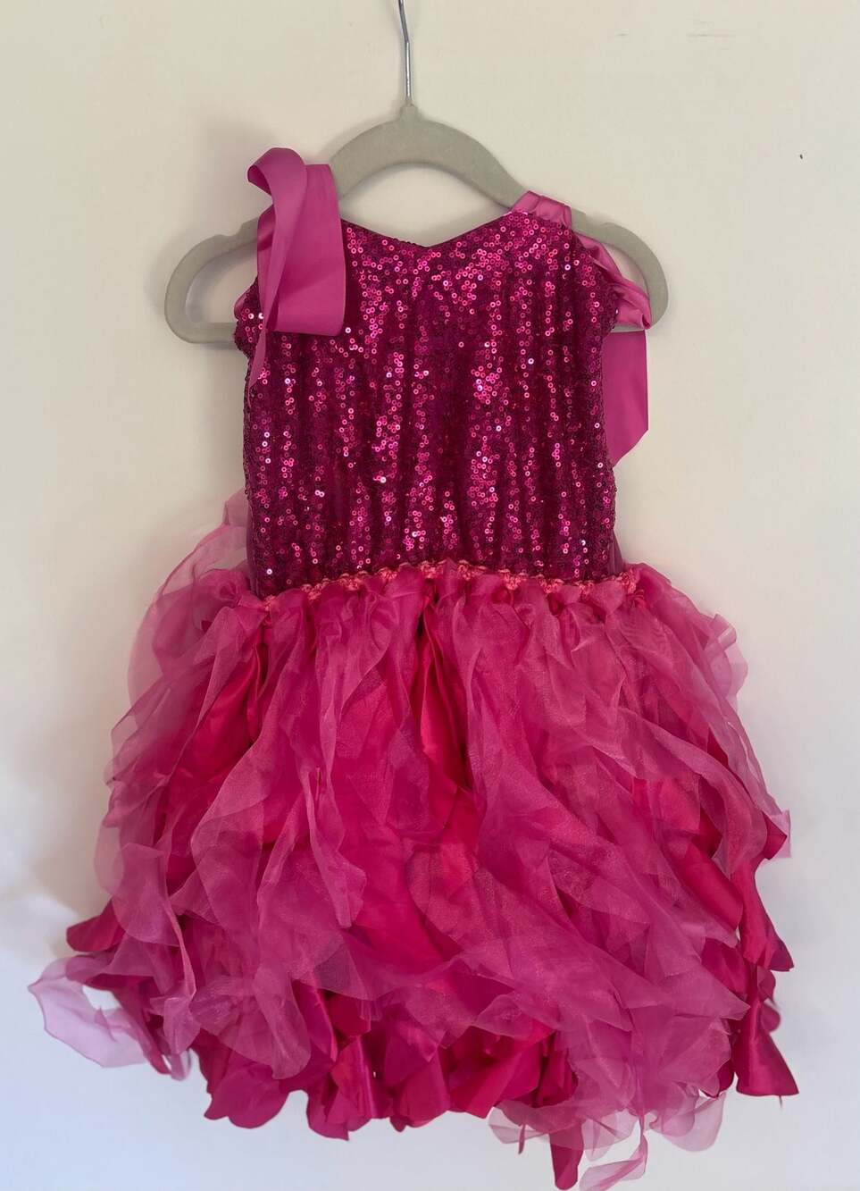 Girls Hot Pink Sequin Spaghetti Strap Ruffle Tulle Tutu Party Dress